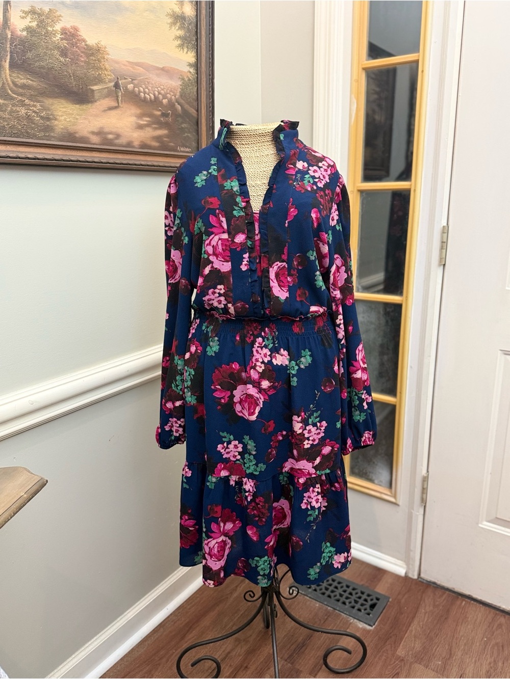 London Times Navy Floral Long-Sleeve Tiered Dress with Pink Blooms